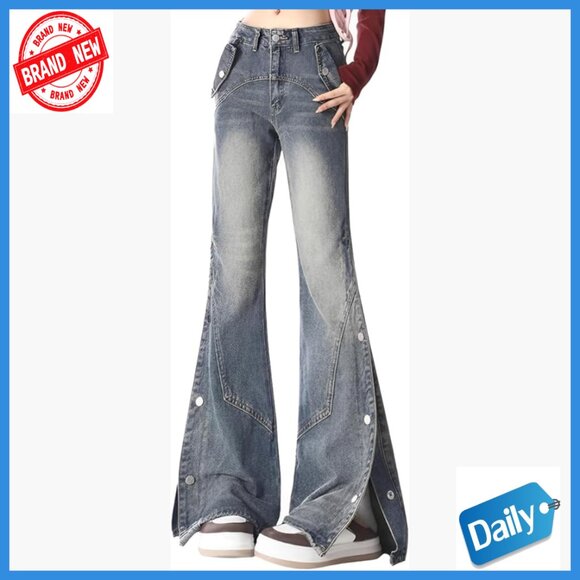 Denim - Straight Leg High Waisted Patchwork Flared Denim Jeans Women's Pants